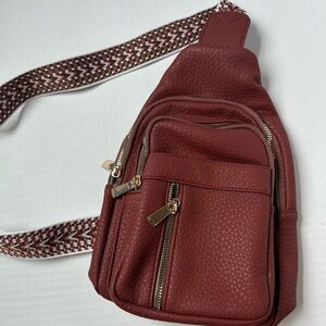 Red leather Crossbody Bag with Patterned Strap